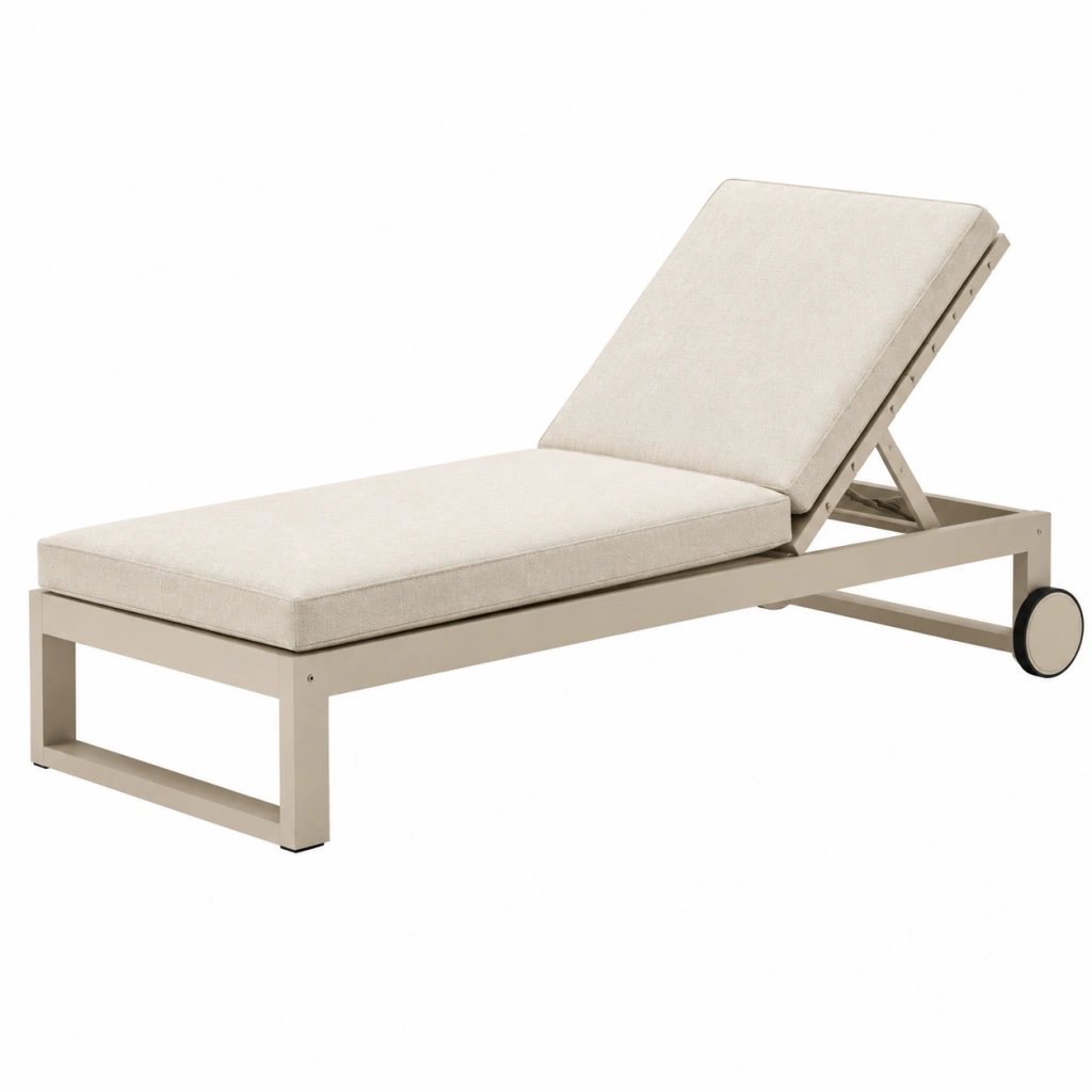 Sonnenliege 200 x 70 x 90 cm aus Metall in Beige mit verstellbarer Rückenlehne und Rollen