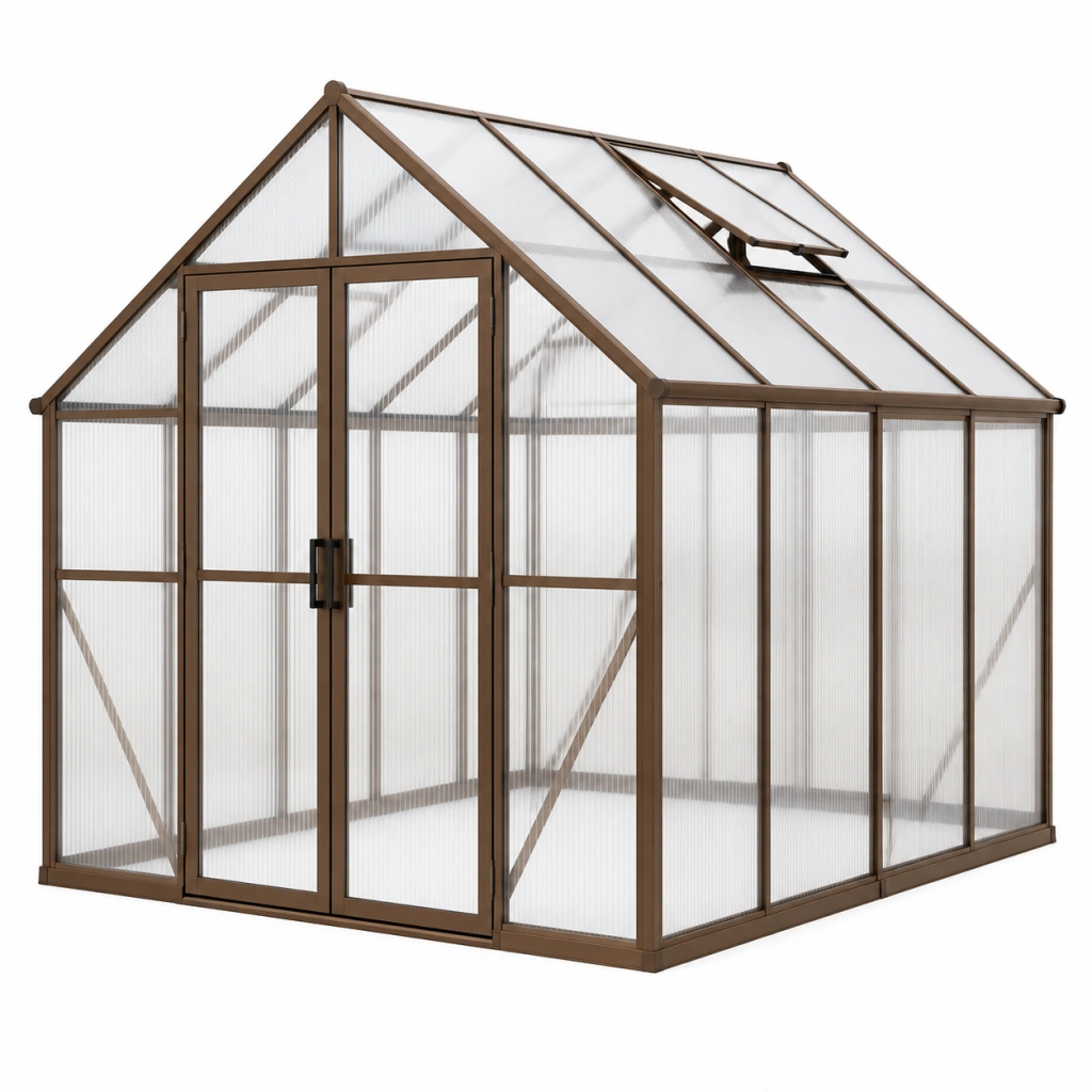 Gewächshaus 190 x 190 x 195 cm Aluminium Polycarbonat Braun mit Dachfenster