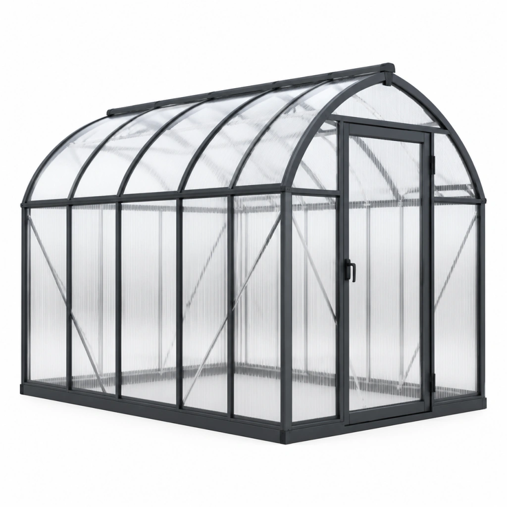 Gewächshaus 240 x 180 x 200 cm Aluminium Polycarbonat Anthrazit Transparent mit Runddach und Tür
