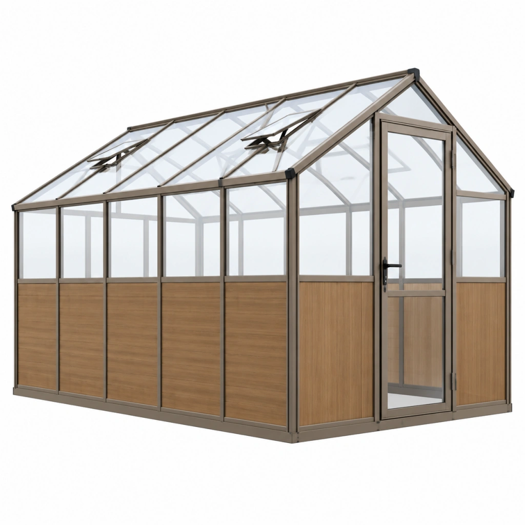 Gewächshaus 190 x 190 x 200 cm Aluminium Braun mit transparenten Kunststoffplatten und Dachfenstern