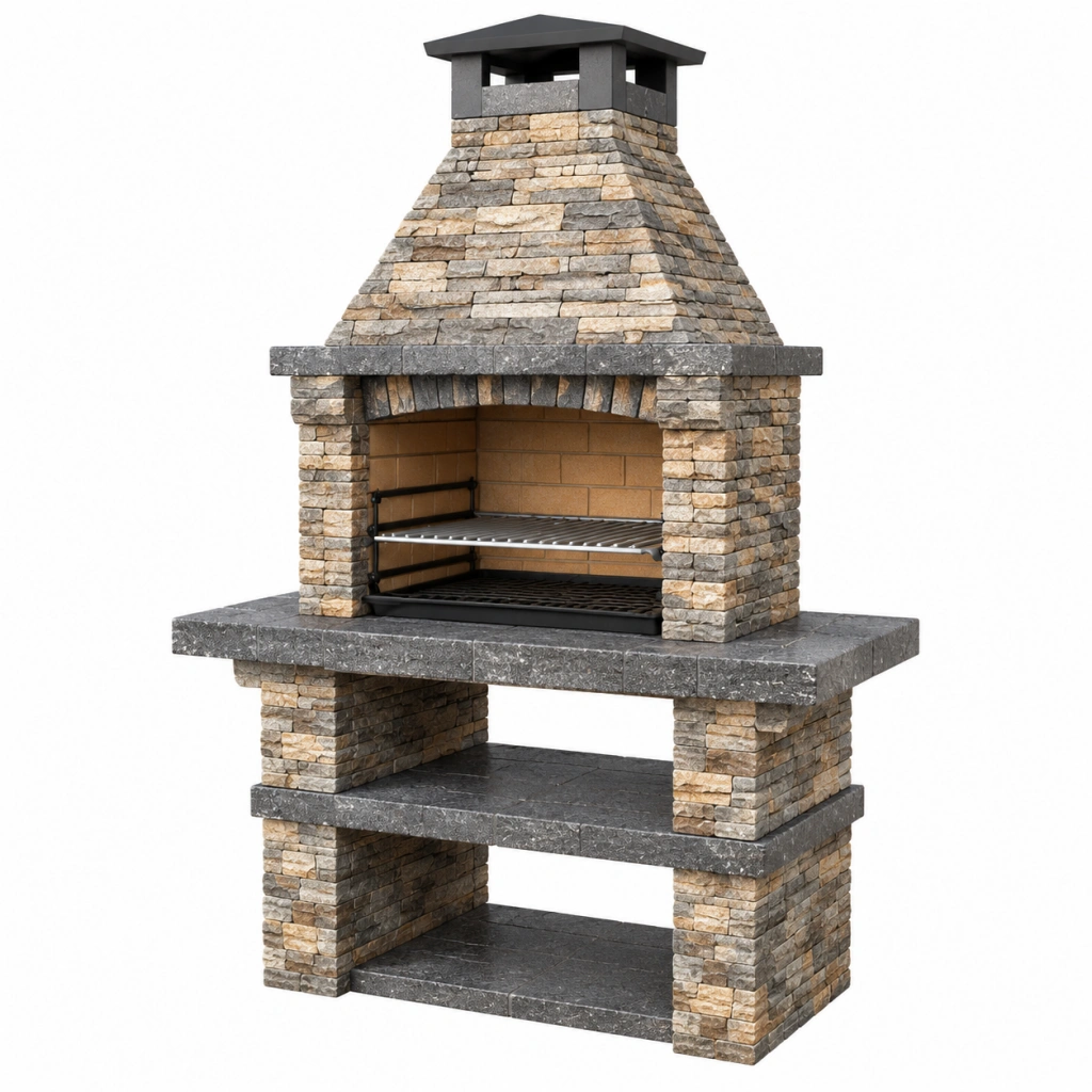 Gartengrill 120 x 70 x 220 cm aus Naturstein in Beige Grau mit Kamin und Ablagen