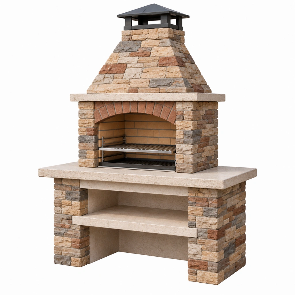 Rustikaler Grillkamin 120 x 70 x 220 cm aus Stein und Metall Beige Braun mit Grillrost und Ablage