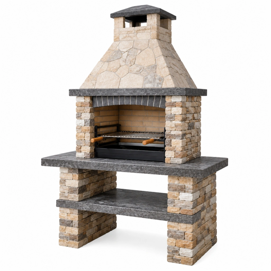 Gartengrill 120 x 70 x 220 cm Naturstein Beige Anthrazit mit Kamin und Ablage