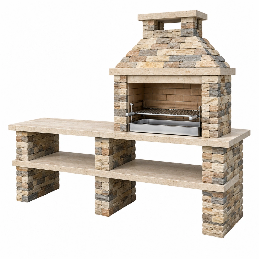 Gartenkamin Grill 200 x 70 x 230 cm Naturstein Beige Grau mit Grillrost und Ablagen