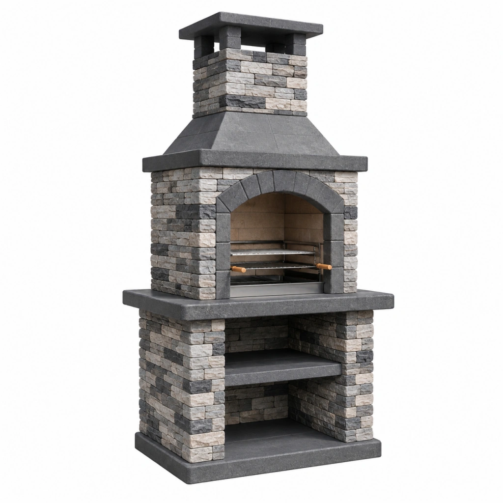 Gartengrill 100 x 70 x 220 cm Steinverkleidung Grau Beige mit Kamin und Grillrost