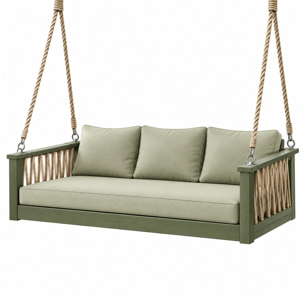 Hängesofa 200 x 80 x 65 cm aus Holz und Seil Grün Beige für Garten und Terrasse
