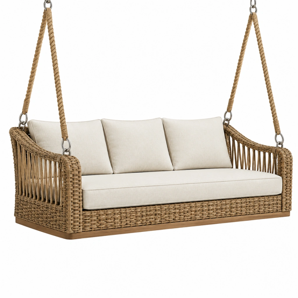 Hängesofa 160 x 80 x 65 cm aus Rattan und Holz in Naturbeige für Außenbereiche