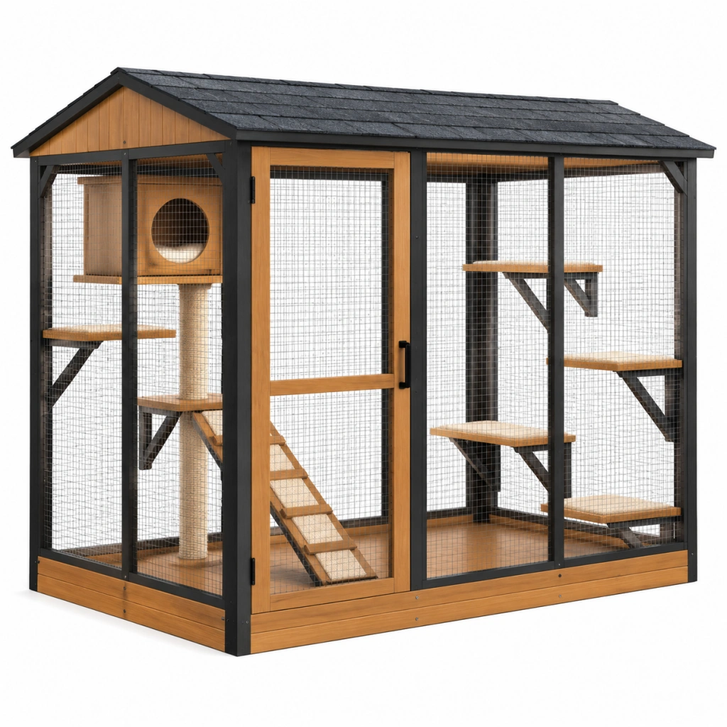 Katzengehege 180 x 90 x 180 cm aus Holz und Metallgitter Braun Schwarz mit Dach und Kletterelementen