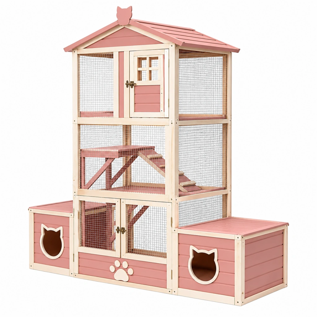 Katzengehege 170 x 80 x 180 cm Holz Rosa mit Drahtgitter und Kletterebenen