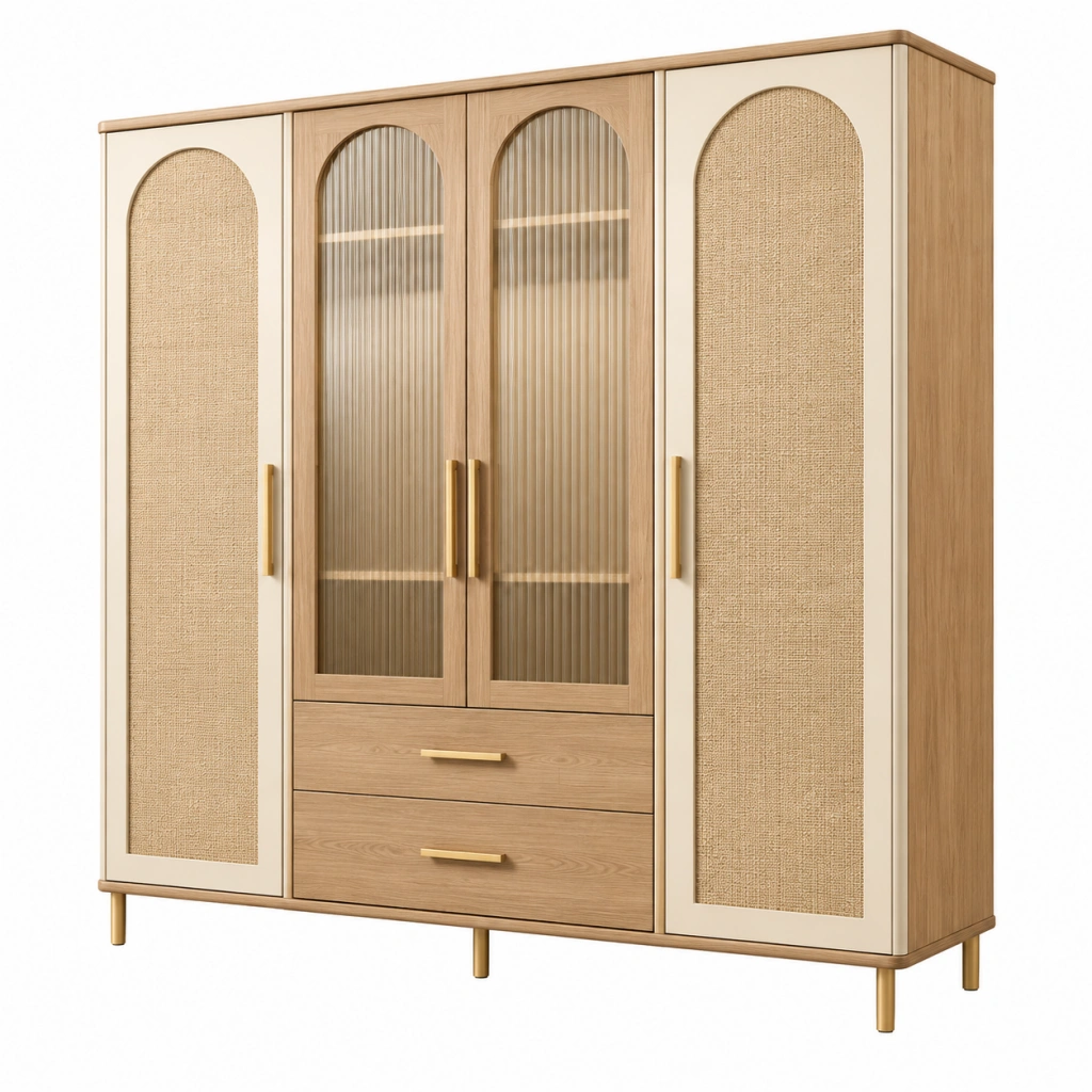 Kleiderschrank 180 x 60 x 200 cm in Naturholz Creme mit Glastüren und Schubladen