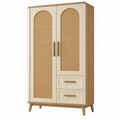 Kleiderschrank 90 x 50 x 180 cm Holz Rattan Creme Natur skandinavischer Stil mit 2 Türen und 2 Schubladen