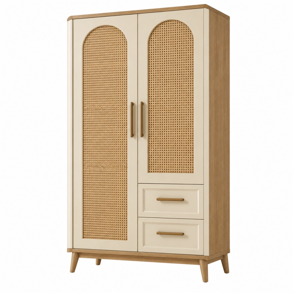 Kleiderschrank 90 x 50 x 180 cm Holz Rattan Creme Natur skandinavischer Stil mit 2 Türen und 2 Schubladen