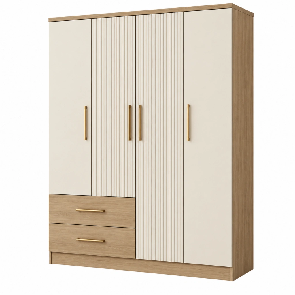 Kleiderschrank 120 x 55 x 200 cm Holzwerkstoff Beige Eiche mit Rillentüren und Schubladen