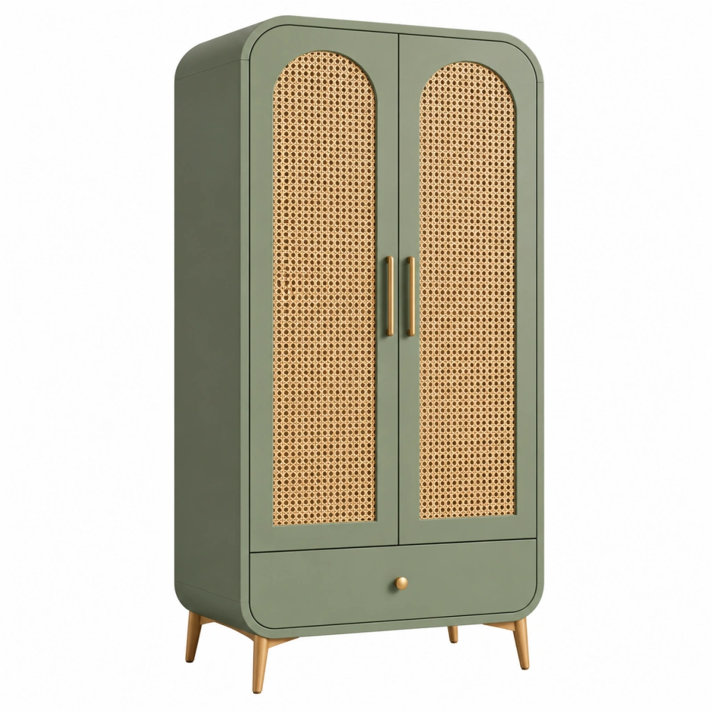 Kleiderschrank 90 x 45 x 180 cm Grün Rattan-Holz mit 2 Türen und Schublade