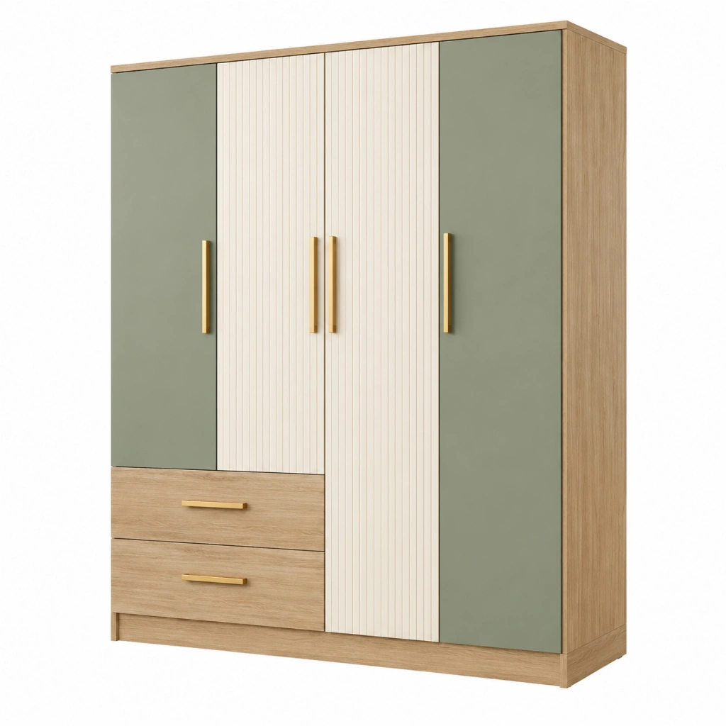 Kleiderschrank 160 x 52 x 200 cm Holzwerkstoff Eiche Salbeigrün Creme mit 4 Türen und 2 Schubladen