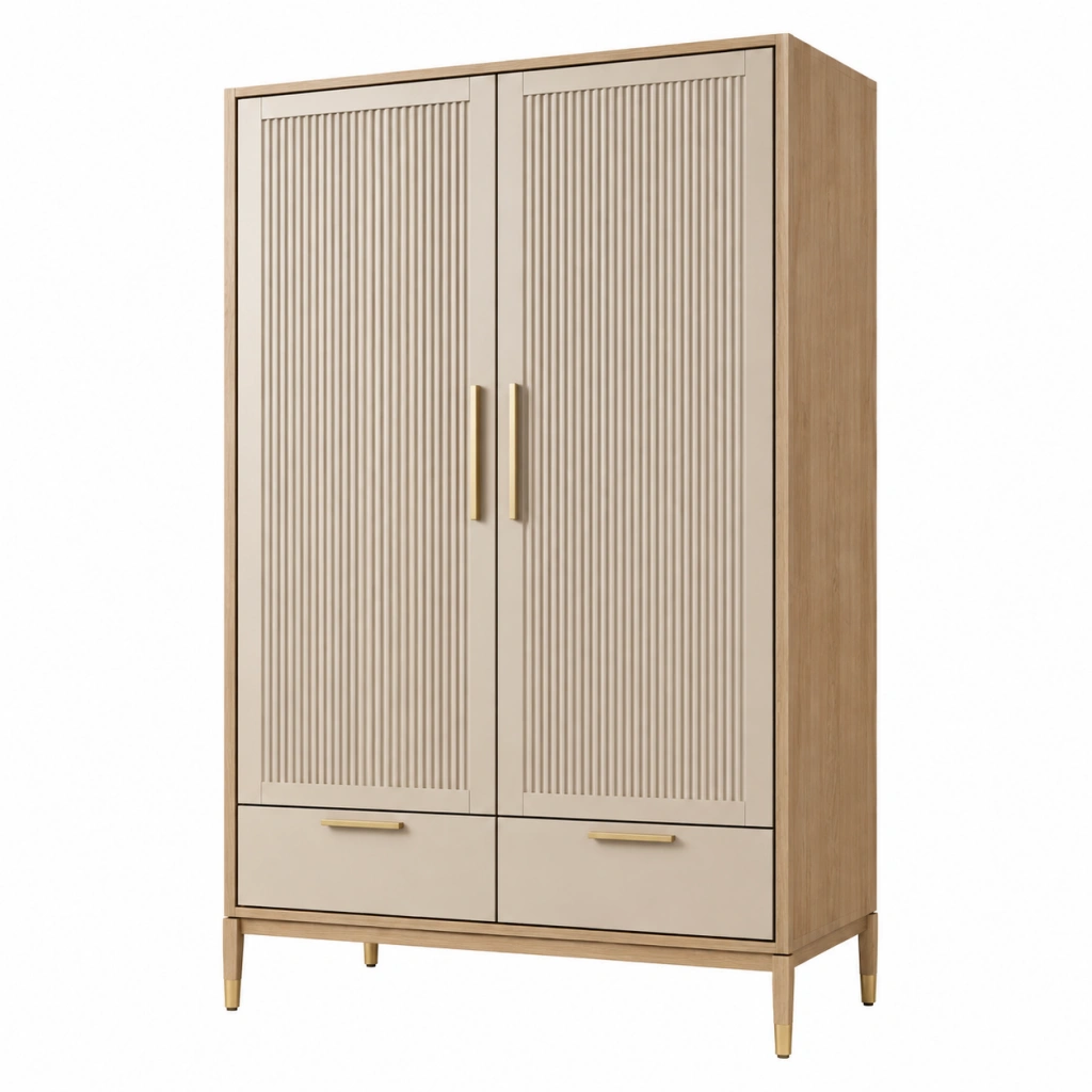 Kleiderschrank 100 x 50 x 200 cm Holzoptik Beige mit 2 Türen 2 Schubladen und Rillenfront
