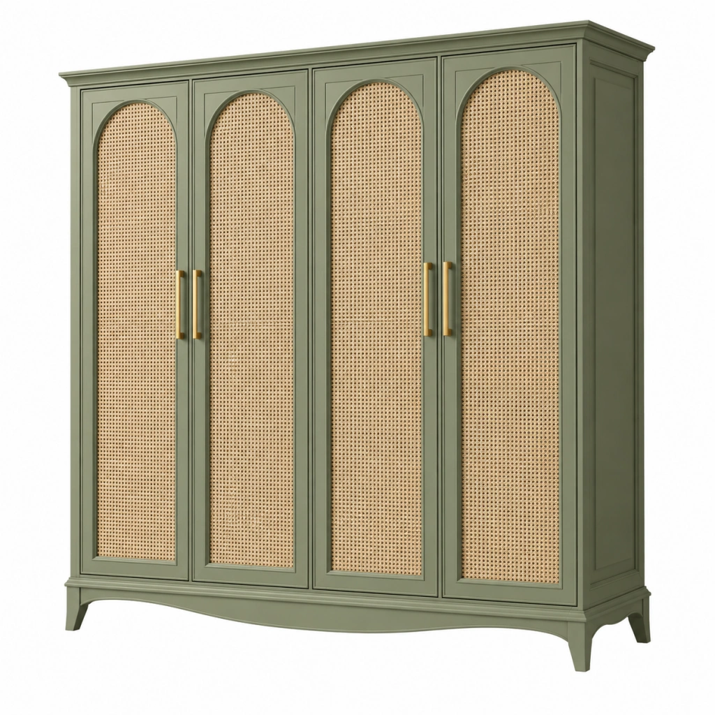 Kleiderschrank 180 x 60 x 200 cm Holz Olivgrün mit Rattangeflecht im Landhausstil