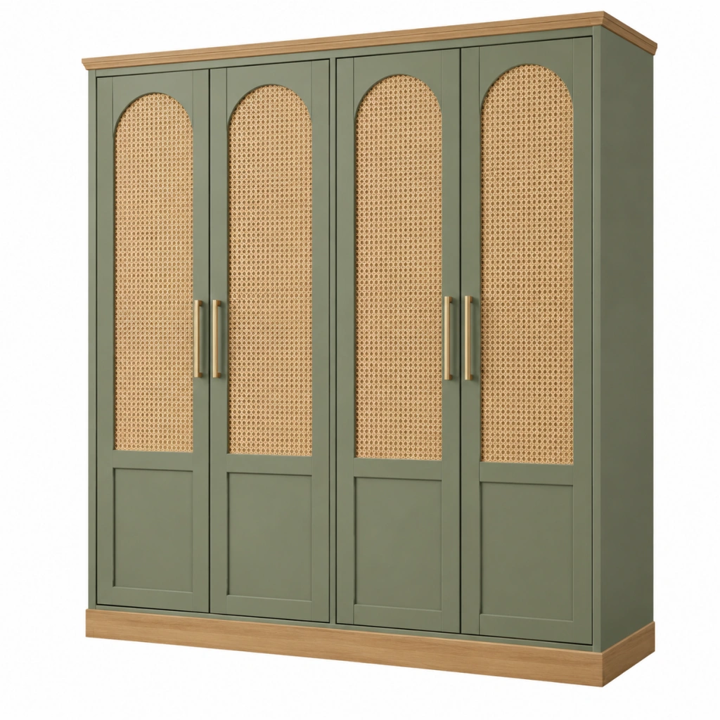 Kleiderschrank 200 x 60 x 200 cm Holzwerkstoff Olivgrün Natur mit Rattangeflecht im Retro-Stil