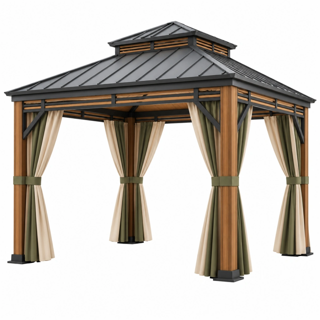 Gartenpavillon 300 x 300 x 300 cm mit Metallrahmen Holzoptik Dach und Vorhängen