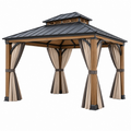 Gartenpavillon 300 x 300 x 300 cm aus Holz und Metall in Braun Beige Anthrazit mit Vorhängen