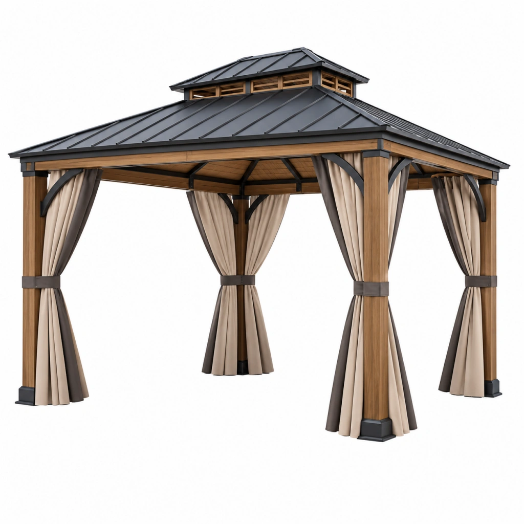 Gartenpavillon 300 x 300 x 300 cm aus Holz und Metall in Braun Beige Anthrazit mit Vorhängen