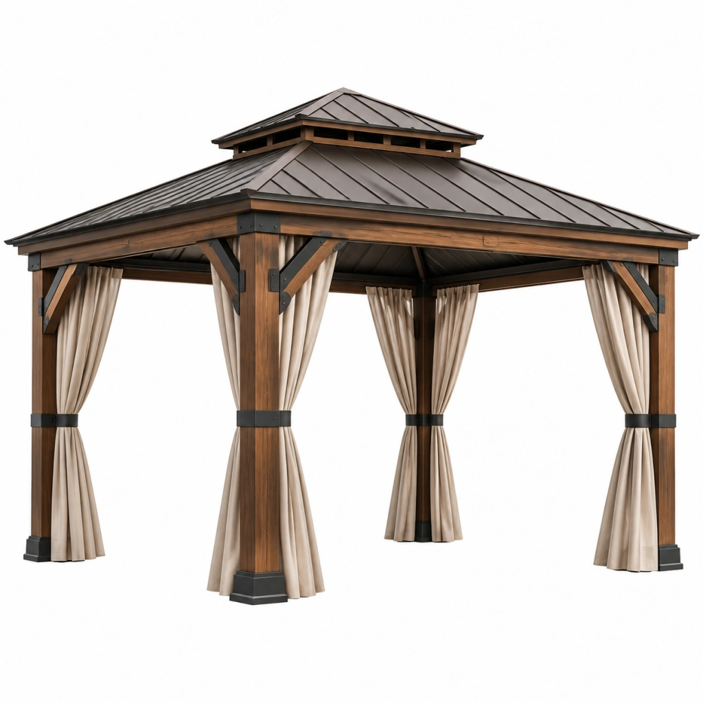 Gartenpavillon 300 x 300 cm Holz Braun mit Metalldach und Vorhängen