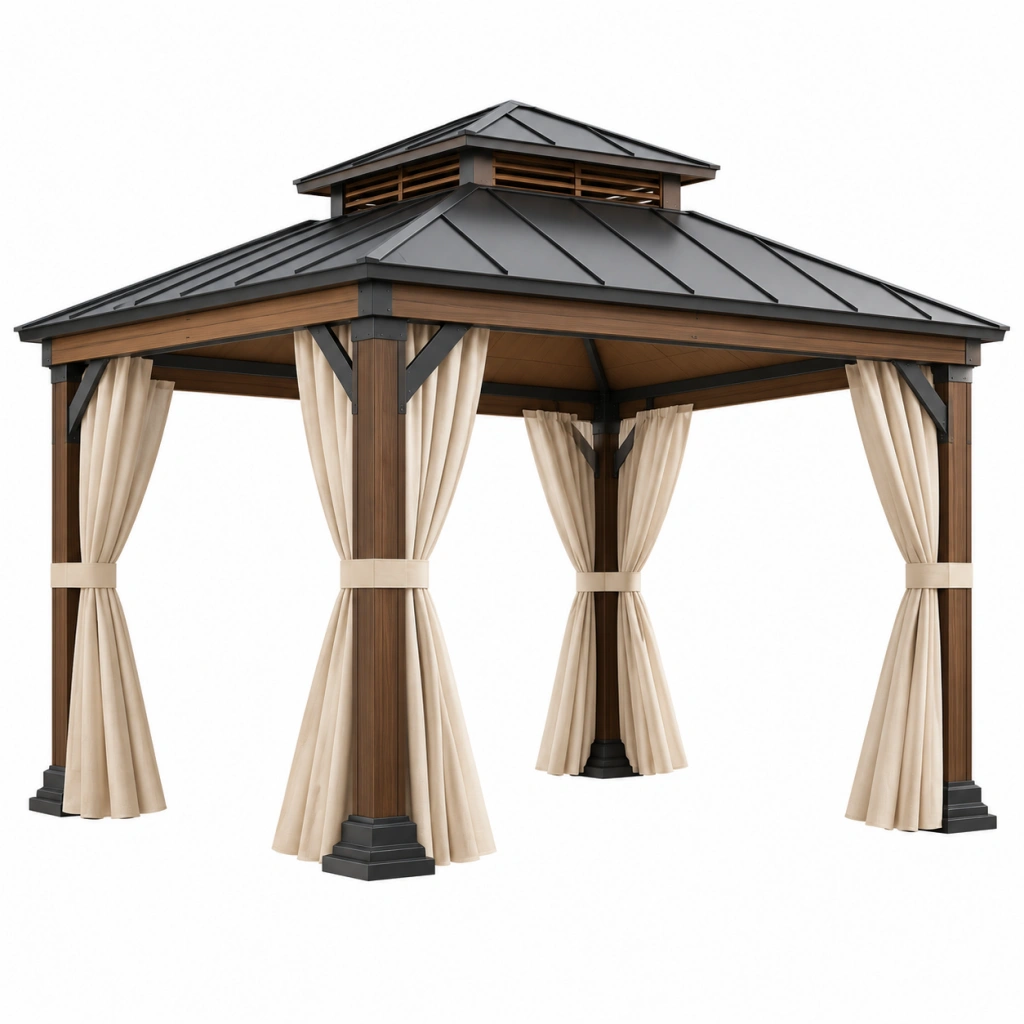 Gartenpavillon 300 x 300 x 310 cm Holz Metall Dach Braun Beige mit Vorhängen