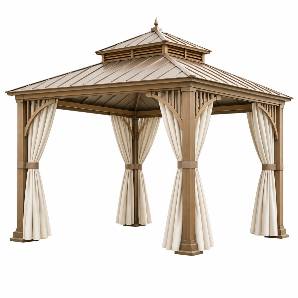 Gartenpavillon 300 x 300 x 320 cm Holz Beige mit Vorhängen und Metalldach