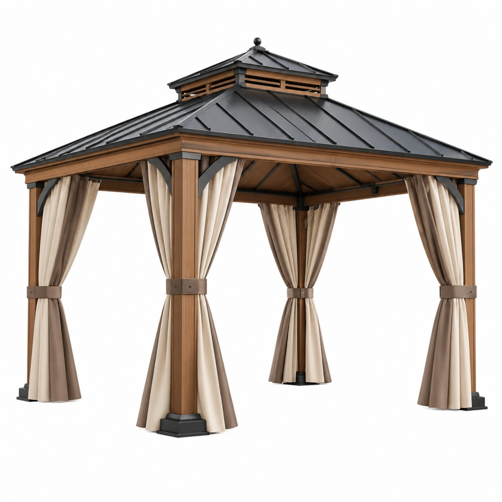 Gartenpavillon 300 x 300 cm Metall in Holzoptik mit Vorhängen und Dach