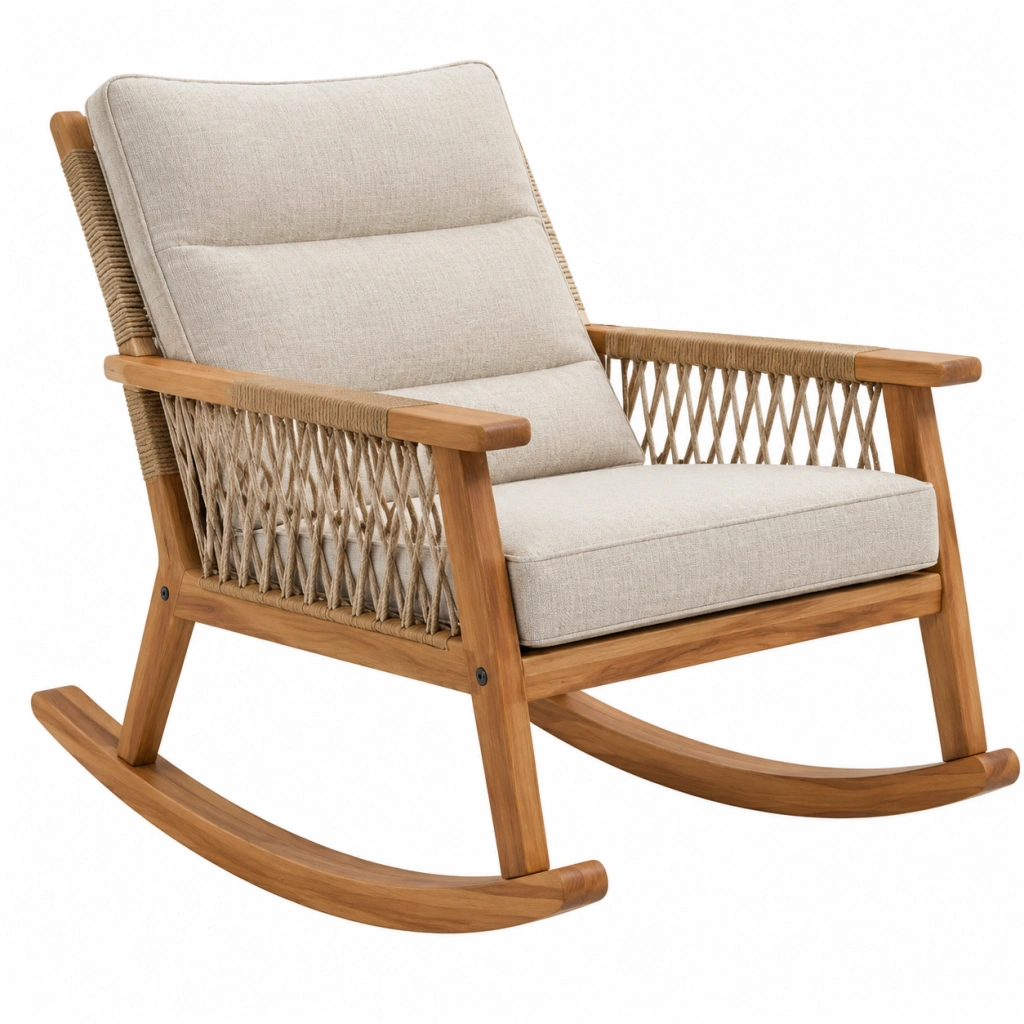 Schaukelstuhl 100 cm Holz Beige mit Seilgeflecht und Polsterung
