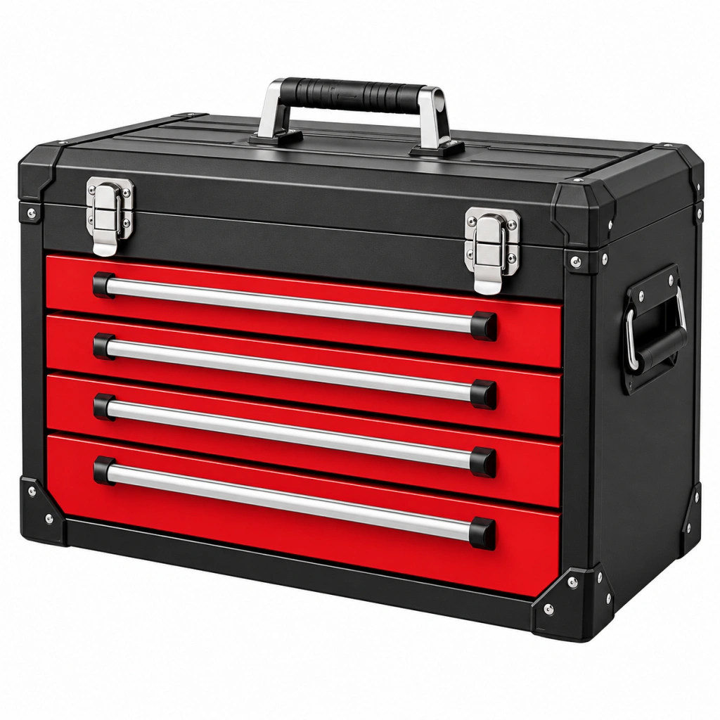 Werkzeugkoffer 60 x 30 x 38 cm aus Stahl Schwarz Rot mit 5 Schubladen und Tragegriff