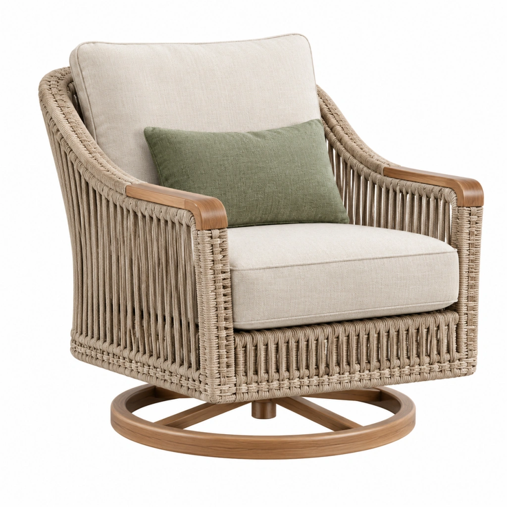 Drehsessel 80 x 85 x 95 cm aus Geflecht und Holz in Naturbeige mit Drehfunktion