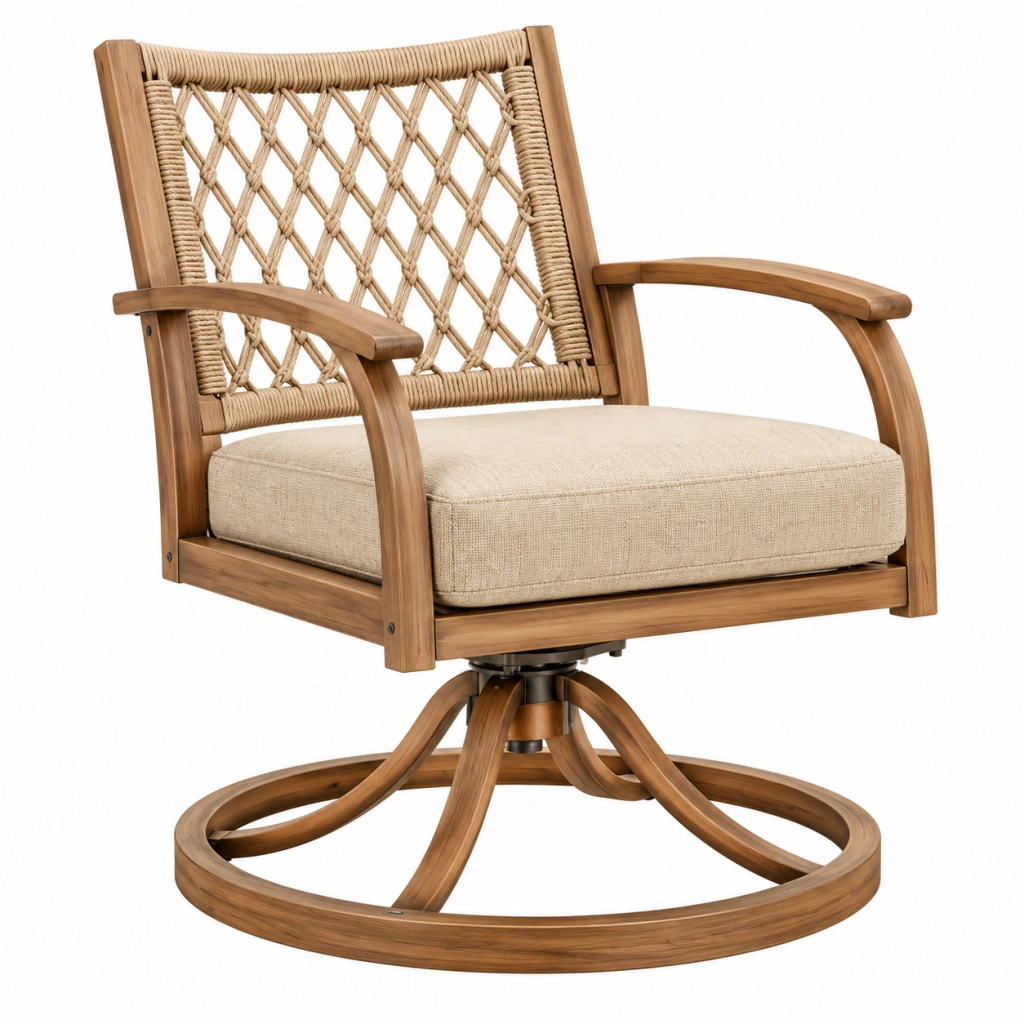 Drehsessel 75 x 75 x 95 cm aus Holz Braun Beige mit Kordelgeflecht