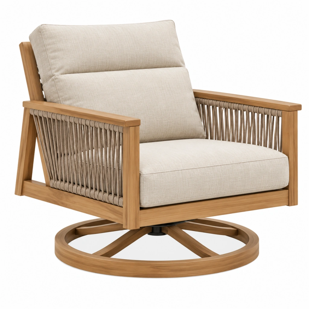 Drehsessel 86 x 82 x 92 cm aus Holz in Naturbeige mit Kordelbespannung im modernen Stil