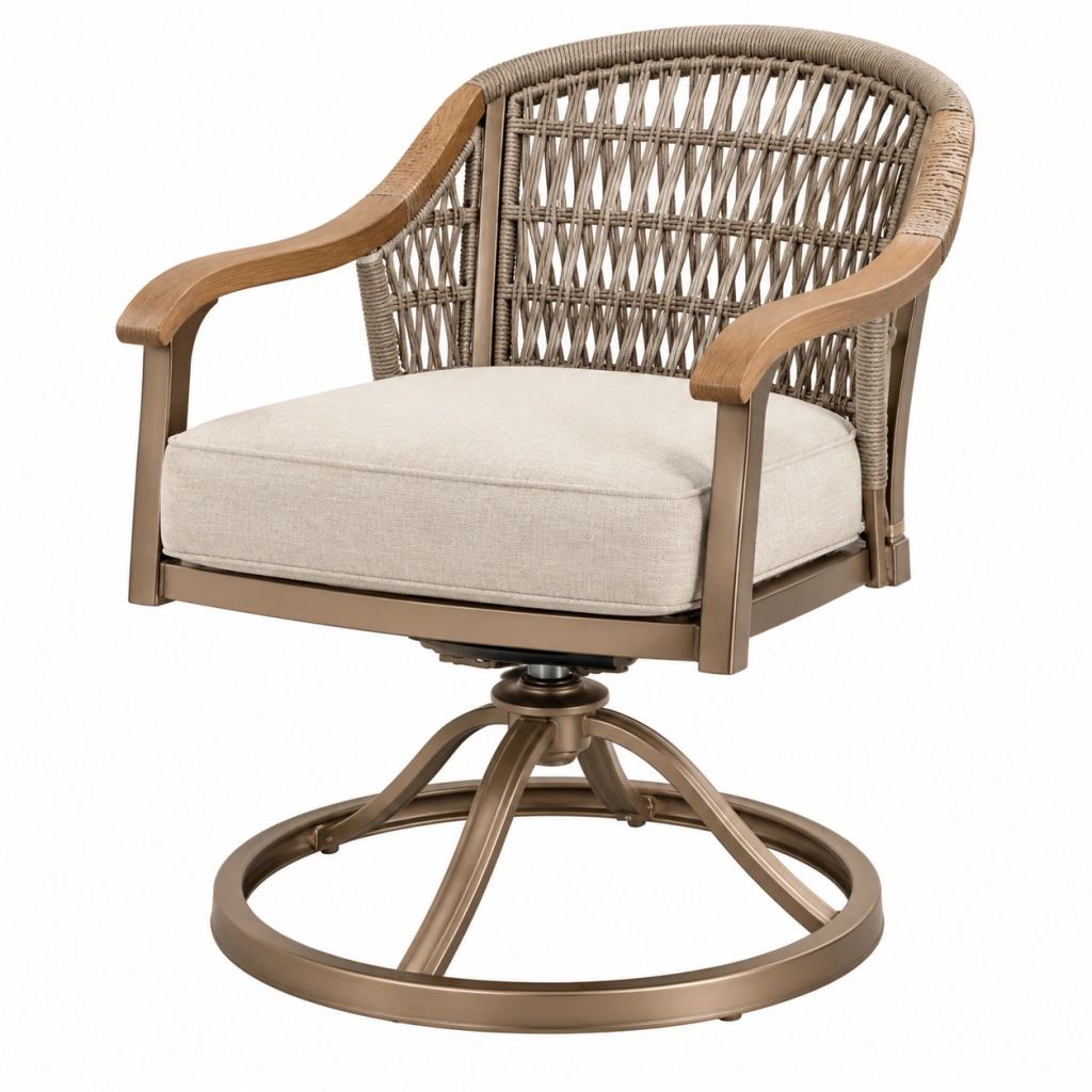 Garten-Drehsessel 75 x 78 x 90 cm aus Holz Metall und Geflecht in Beige Braun drehbar